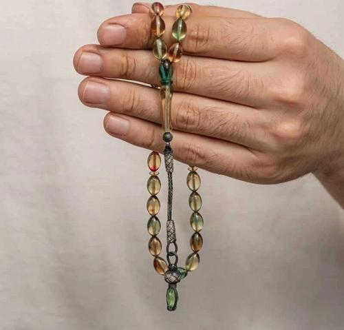 Gümüş 1000 Ayar Kazaz Püsküllü Sıkma Kehribar Tesbih