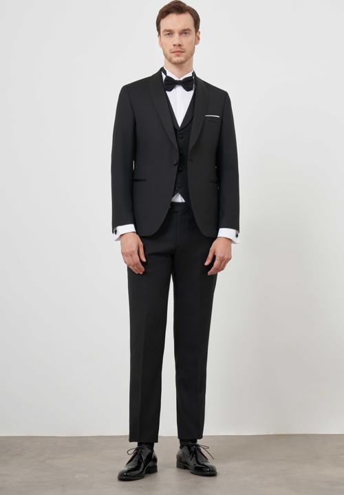  Erkek Siyah Poliviskon Ceromonia Santorini Slim Fit Şal Yaka Damatlık
