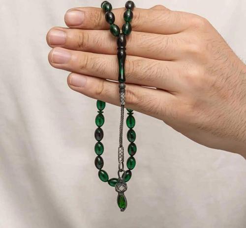 Gümüş 1000 Ayar Kazaz Püsküllü Sıkma Kehribar Tesbih