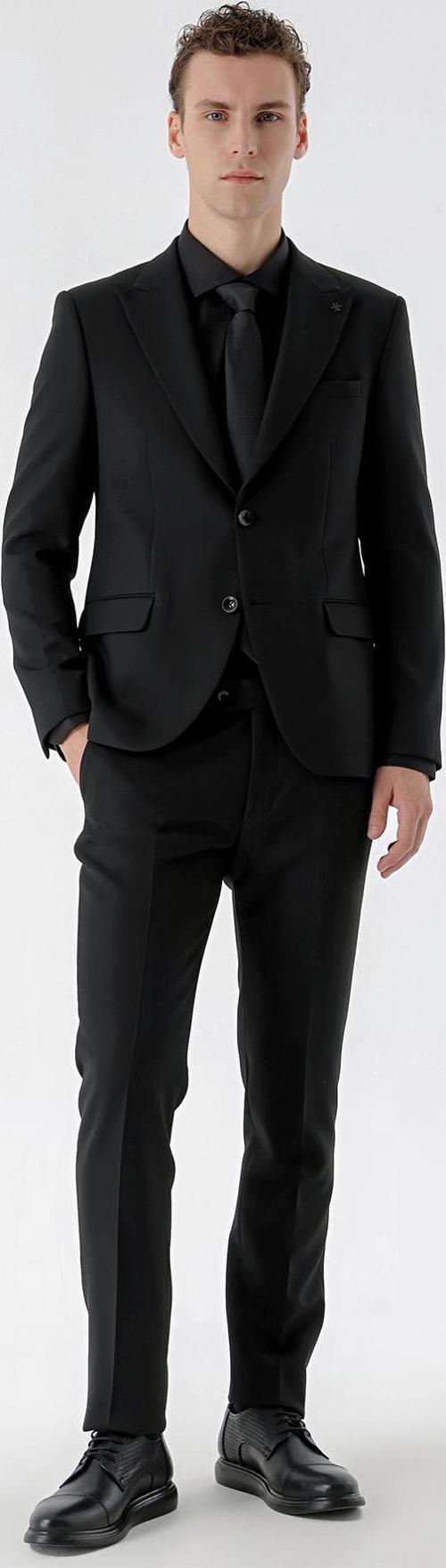 Erkek Siyah Basic Düz Slim Fit Takım Elbise (GÖMLEK,KRAVAT HEDİYE)