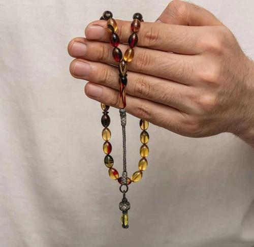 Gümüş 1000 Ayar Kazaz Püsküllü Sıkma Kehribar Tesbih