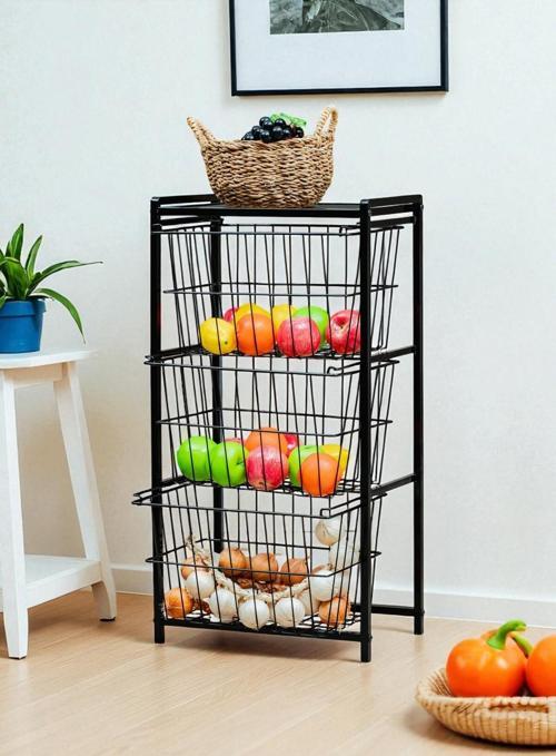 DEKORATİF SİYAH METAL SEBZELİK 3 RAFLI TEL SEPETLİ ÇOK AMAÇLI STAND