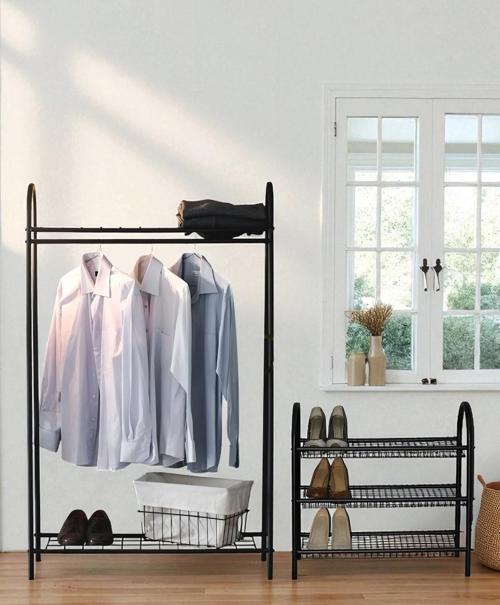 DEKORATİF 2’Lİ SET SİYAH METAL 2 RAFLI ELBİSE ASKILIĞI VE 3 RAFLI AYAKKABILIK 2 ÜRÜN BİR ARADA