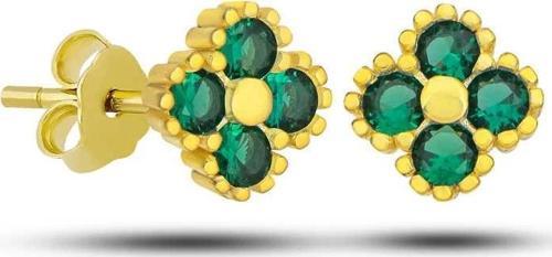 Gümüş Gold Yonca Çivili Yeşil Taşlı Çocuk Küpe