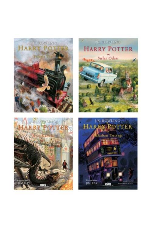 Harry Potter Serisi Ciltli Resimli Özel Baskılar 4 Kitap Set - Felsefe Taşı - Sırlar Odası - Ateş
