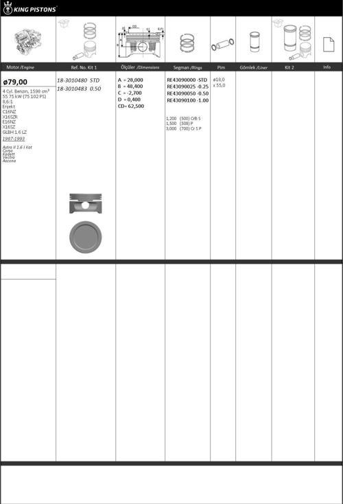 PISTON SEGMAN STD 79mm (OPEL: ASTRA-CORSA-KADETT-VECTRA 1.6 (C16NZ-X16SZR-E16NZ-X16SZ)