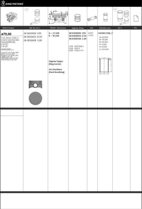 PİSTON SEGMAN 100 MM 80,00mm OPEL: ASTRA H J INSIGNIA CORSA D 1.6 16V A16LET Z16LET EURO5 180PS