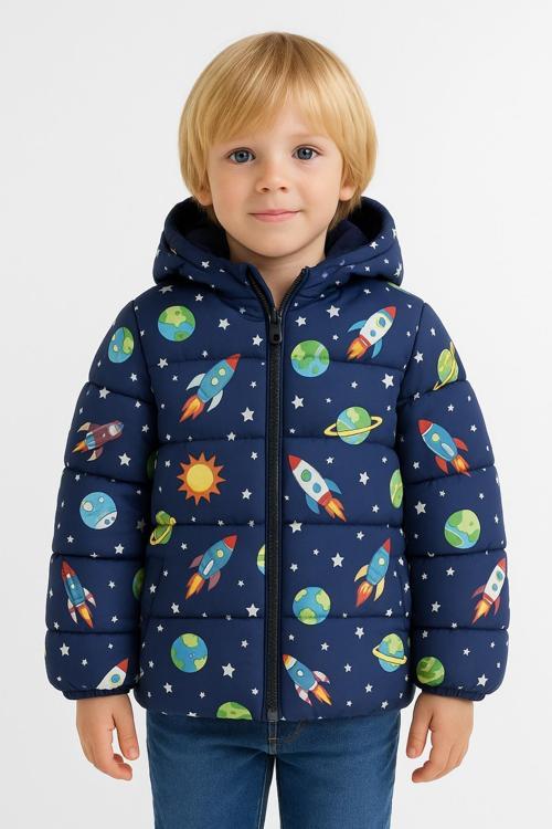 Erkek Çocuk Polarlı Kapüşonlu Ufo Desenli Kışlık Şişme Mont & Kaban & Parka