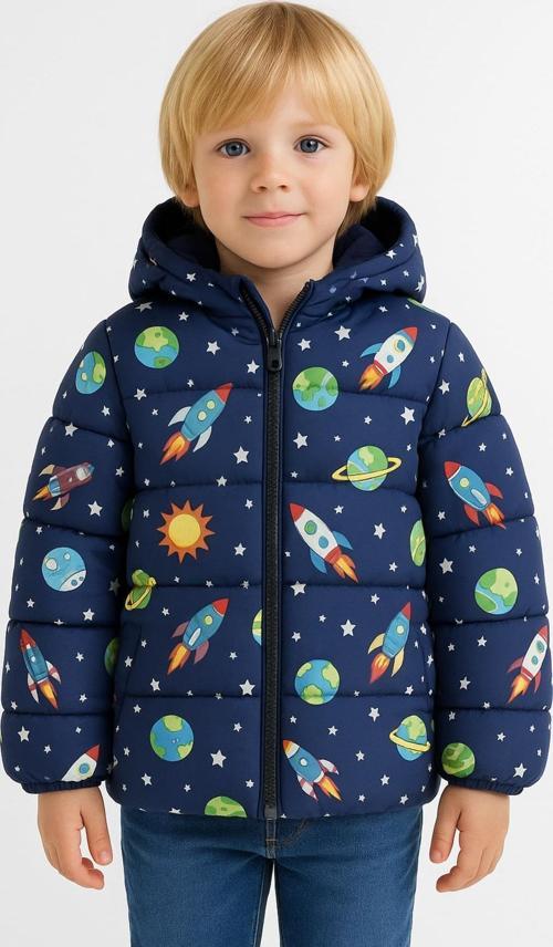 Erkek Çocuk Polarlı Kapüşonlu Ufo Desenli Kışlık Şişme Mont & Kaban & Parka