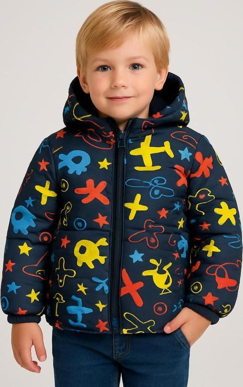 Erkek Çocuk Polarlı Kapüşonlu Helikopter Desenli Kışlık Şişme Mont & Kaban & Parka