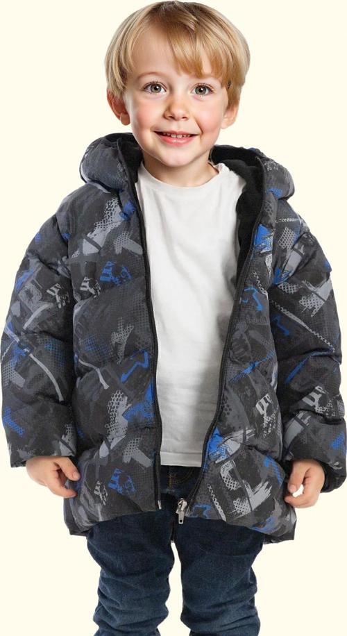 Erkek Çocuk Dijital Desen Polar Su Ve Rüzgar Geçirmez Kapüşonlu Şişme Kışlık Mont