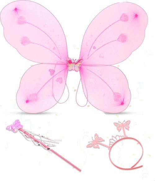 Pembe Kelebek Kız Seti – 50 Cm Kelebek Kanadı, Taç Ve Asa