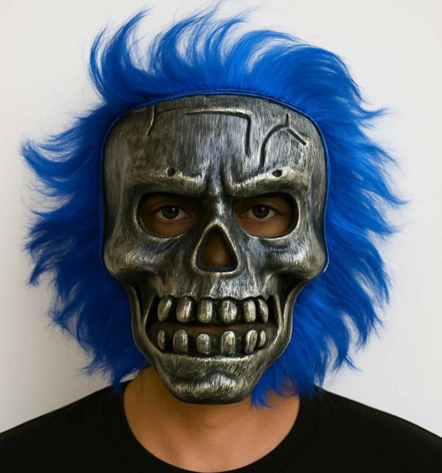 Wild Skull - Gümüş Kafatası Mavi Saçlı İskelet Maske