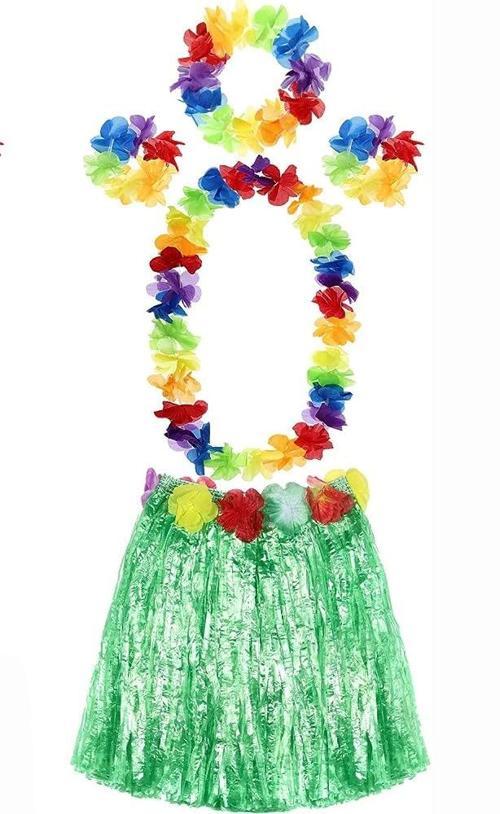 Nessiworld  Yetişkin ve Çocuk Uyumlu Luau Aloha Hawaii Yeşil Etek ve Renkli Kolye Taç 2 Adet Bilekli