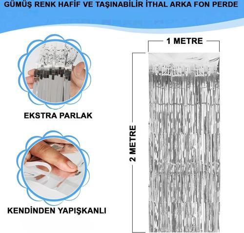 Gümüş Renk Ekstra Metalize Parlak Saçaklı Arka Fon Perde İthal A Kalite 1x2 Metre