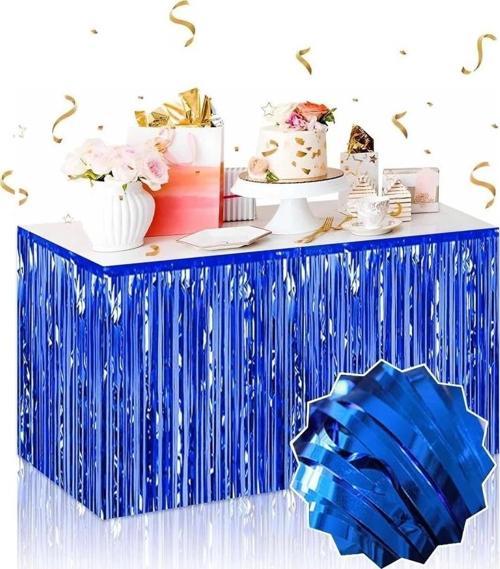 Kendinden Yapışkanlı Mavi Metalize Püsküllü Masa Eteği – 75 X 275 Cm Parti Süslemesi