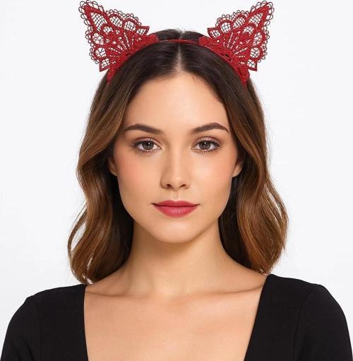 Dantelli Kırmızı Kedi Tacı - Vintage Tarz Dantel Kedi Kulak