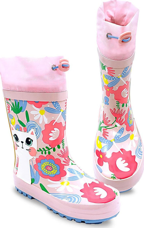 Kedi Çiçekli Kız Çocuk Pembe Yağmur Botu