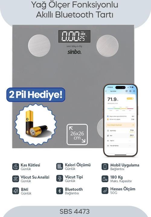 SBS-4473 Bluetooth Dijital Yağ Su Kas Vücut Kitle Endeksi Kilo Ölçer Tartı Baskül
