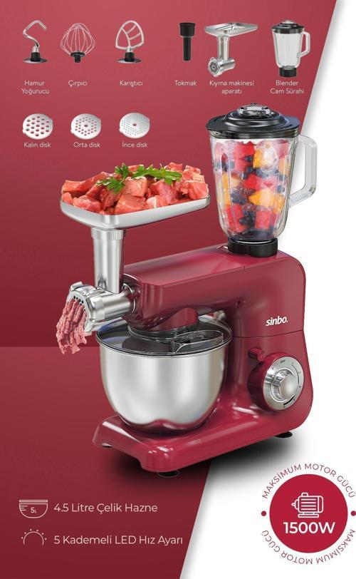 SMX-2775 Çok Amaçlı 3ın1 Mutfak Şefi Hamur Yoğurma Kıyma Makinesi Sürahi Blender 1500w Kırmızı