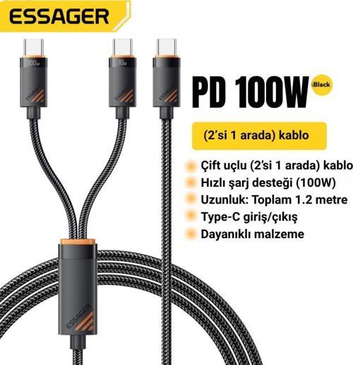 1.2 Metre 100W 2in1 Type C to 2x Type C Şarj ve Data Kablosu, Çift Cihaz Desteği, Dayanıklı Örgülü Tasarım,