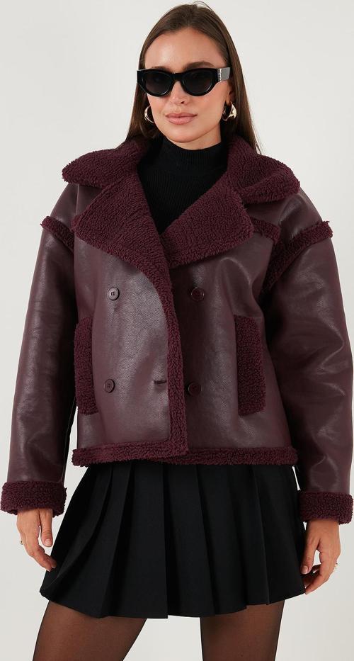 Oversize Kruvaze Yaka Peluş Detaylı Suni Deri Biker Ceket Bayan Mont 6810247 BORDO