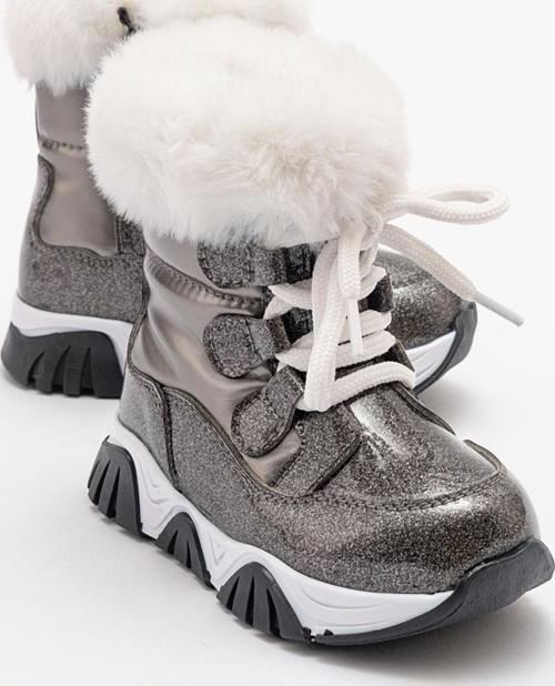 Kız Çocuk Platin Simli Rugan Deri Suya Dayanıklı Kürklü Günlük Bot