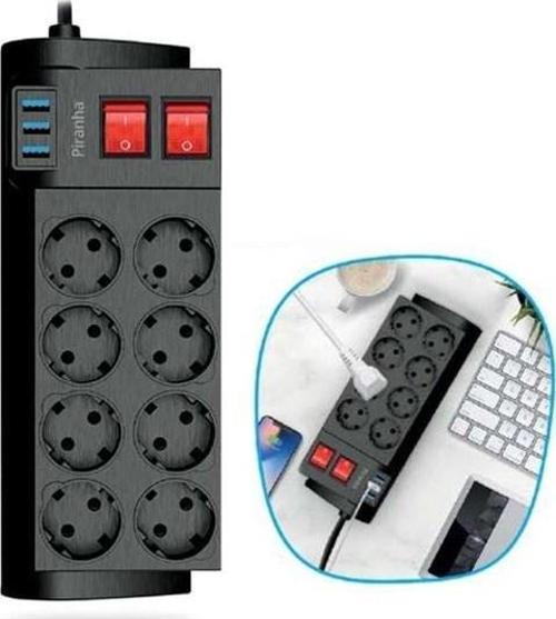 Isıya Dayanıklı Termal Akım Korumalı 2 Metre 16A 4000W 8li Priz ve 3 Usb Li Uzatma Kablosu
