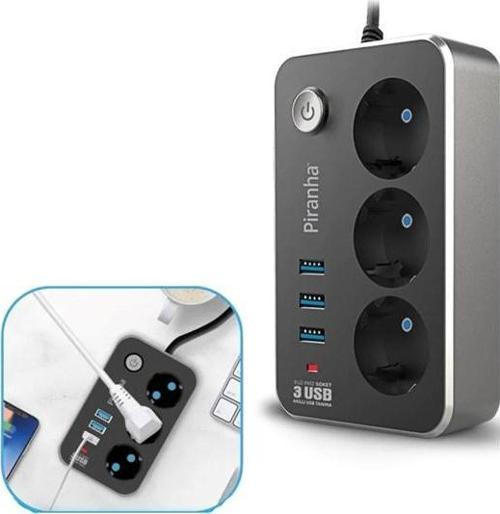 Isıya Dayanıklı Termal Akım Korumalı 2 Mt 10A 2500W 3lü Priz ve 3 Usbi 2.1A Uzatma Kablosu