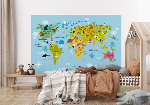 Çocuk Ve Bebek Odası Poster Duvar Kağıdı Hayvanlar Alemi Eğitici Dünya Haritası-1007
