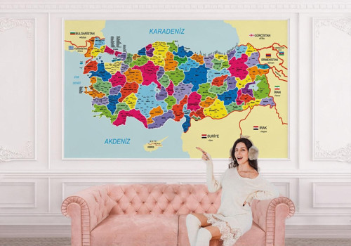 Türkiye Haritası İl Ve İlçeli Ayrıntılı Eğitici Komşulu Duvar Kağıdı 3005