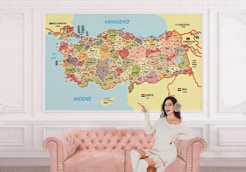 Türkiye Haritası İl Ve İlçeli Ayrıntılı Eğitici Komşulu Duvar Kağıdı-3017