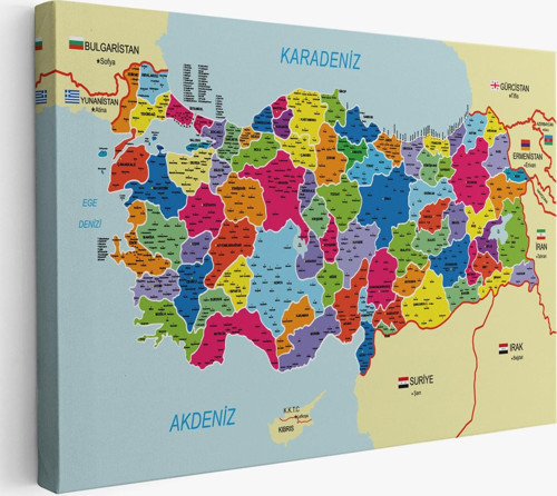 Türkiye Haritası Kanvas Tablo İl Ve İlçeli Ayrıntılı Eğitici Komşulu Dekoratif Tablo 3005