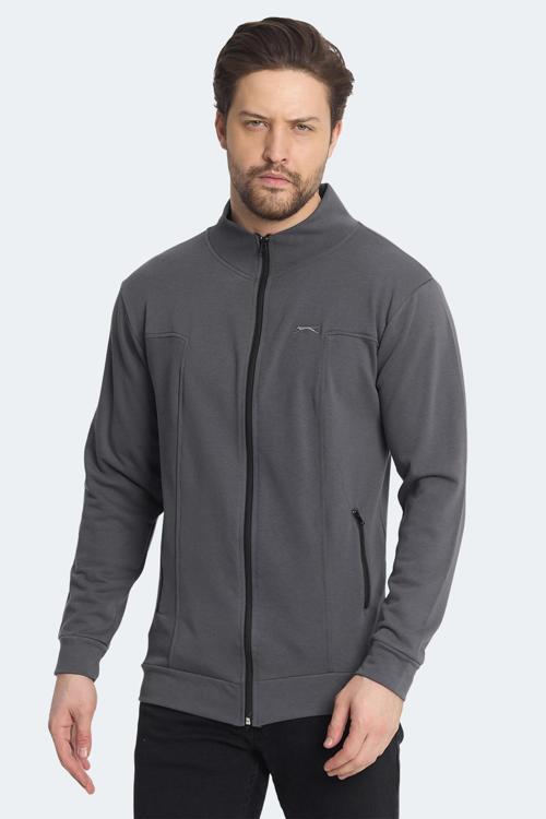 KAGISONA Erkek Fermuarlı Dik Yaka Cepli Koyu Gri Sweatshirt