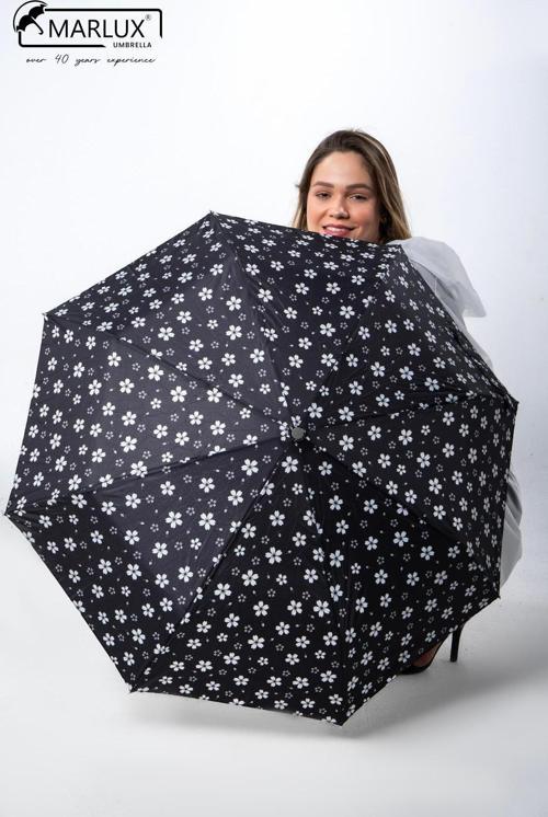Siyah Çiçek Desenli Tam Otomatik Kadın Şemsiye M21Mar706R002