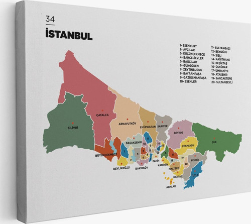 İstanbul İli Ve İlçeler Haritası Dekoratif Kanvas Tablo 1365