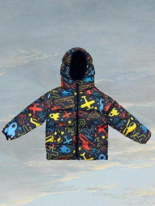 Kız Çocuk Polarlı Kapüşonlu Helikopter Desenli Kışlık Şişme Mont & Kaban & Parka