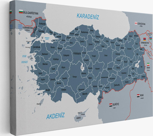 Türkiye Haritası Kanvas Tablo Sınır Komşulu Eğitici Ve Öğretici Dekoratif Tablo 3093