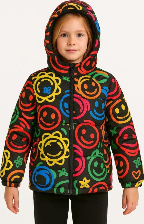 Kız Çocuk Gülen Emoji Polarlı Kürklü Su Ve Rüzgar Geçirmez Kapüşonlu Kışlık Şişme Mont