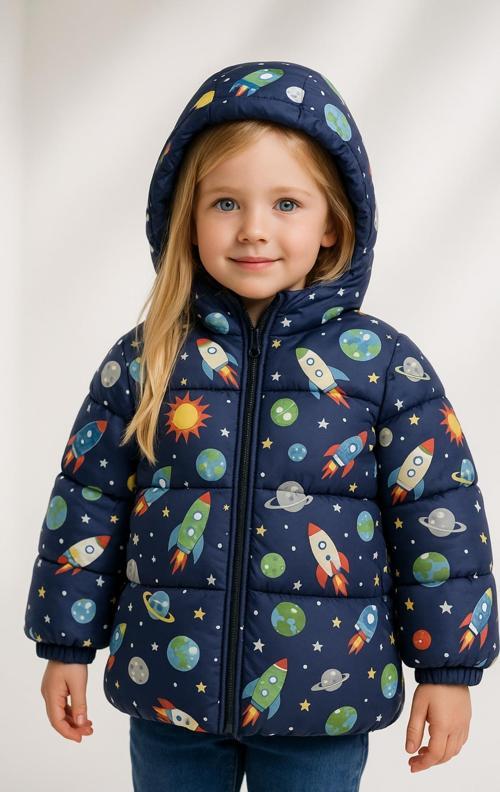 Kız Çocuk Polarlı Kapüşonlu Ufo Desenli Kışlık Şişme Mont & Kaban & Parka
