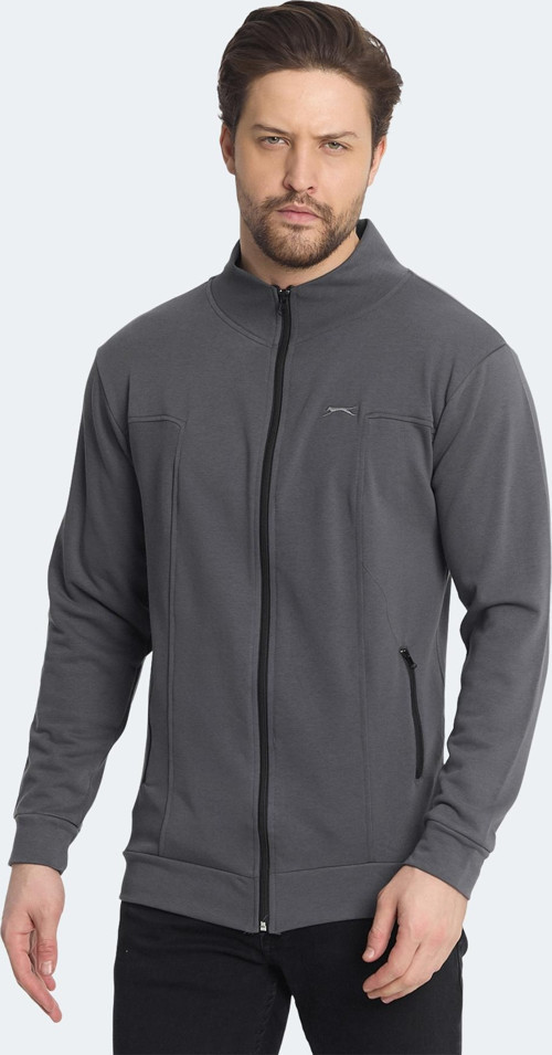 KAGISONA Erkek Fermuarlı Dik Yaka Cepli Koyu Gri Sweatshirt