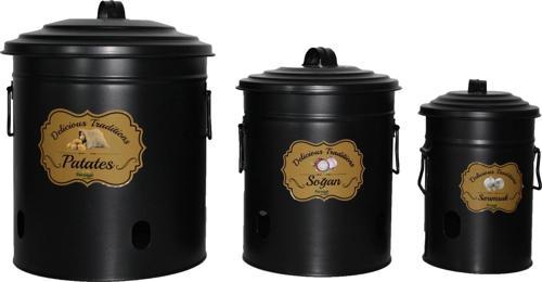 Saklama Kabı Erzak Kutusu Metal Set Patates Soğan Sarımsak Saklama Kabı Siyah
