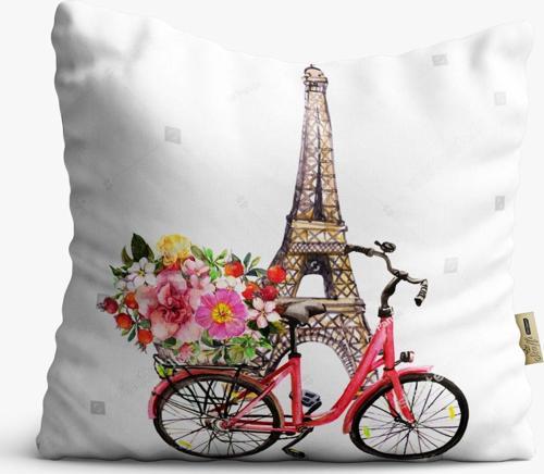 Kırlent Kılıfı 42x42cm Dekoratif Kırlent Yastık Kılıfı Bisikletli Eyfel Kuleli Tasarım Modeli Bf 10