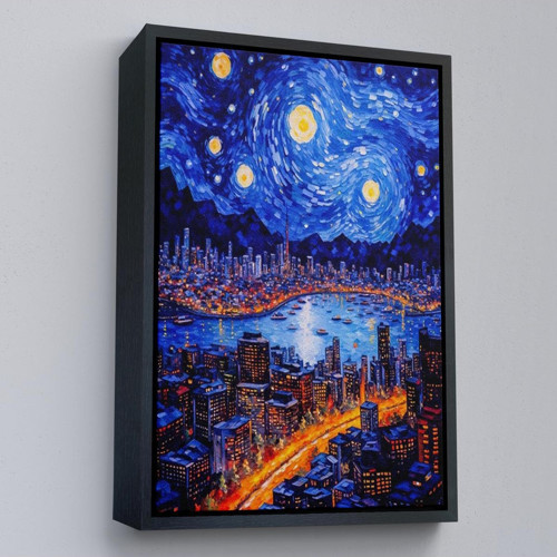 Çerçeveli Vincent Van Gogh Tarzı New York Manzara Tablosu-7700