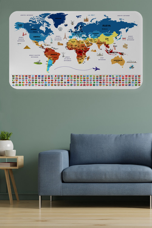 Ülke Bayrak Lı Eğitici Başkent Detaylı Atlası Dünya Haritası Duvar Sticker -60X105-3857