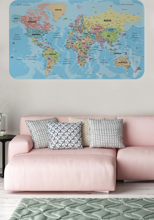 Türkçe Eğitici Ülke Ve Başkent Okyanus Detaylı Atlası Dünya Haritası Duvar Sticker -60X105-3869