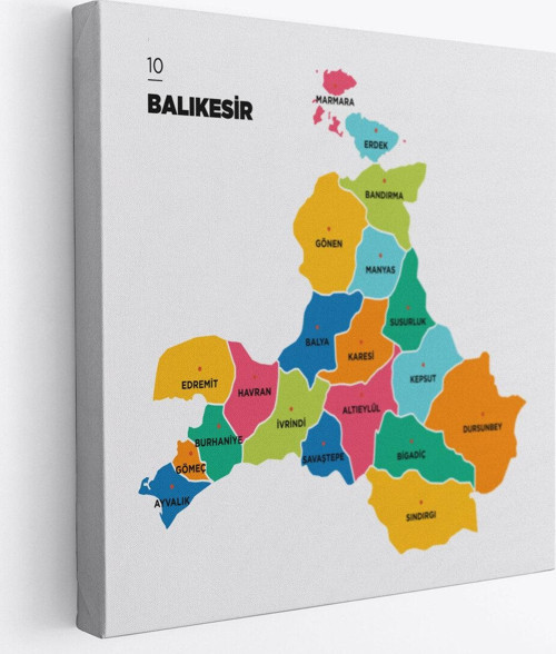 Balıkesir İli Ve İlçeler Haritası Dekoratif Kanvas Tablo 1279