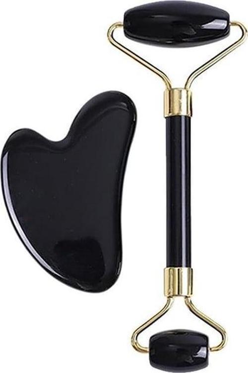 Cilt Bakım Seti Doğal Taş, Faceroller ve Siyah Kalp GuaSha Masaj Taşı 2 li