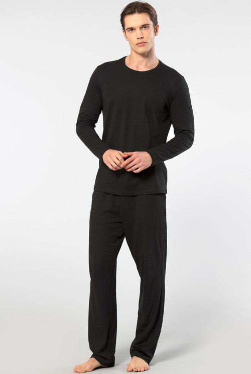 Erkek Bisiklet Yaka Uzun Kollu Modal Pijama Takım 2244/Siyah