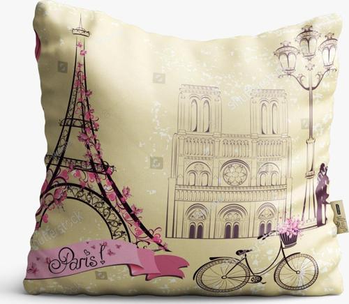 Kırlent Kılıfı 42x42cm Dekoratif Kırlent Yastık Kılıfı Eyfel Bisikletli Modeli Lv 04